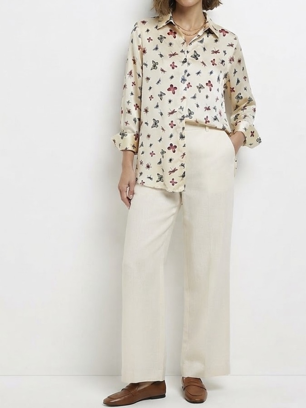 Zara Butterfly Insect Bugs Print Button Up Blouse Cream Large